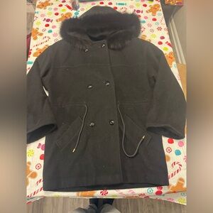 Women's Black Pea Coat with Fur Collar